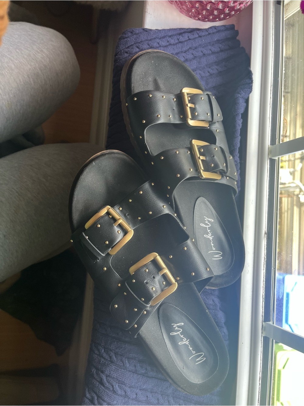 Wonderly Black Double-Buckle Studded Slide Sandals with Gold Hardware